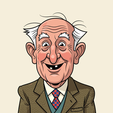A cheerful, elderly gentleman with a warm smile and a missing front tooth, wearing a tweed jacket and a patterned tie.
