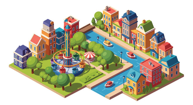 A vibrant isometric city landscape features a colorful amusement park carousel spinning beside a winding blue river filled with small motorized boats.