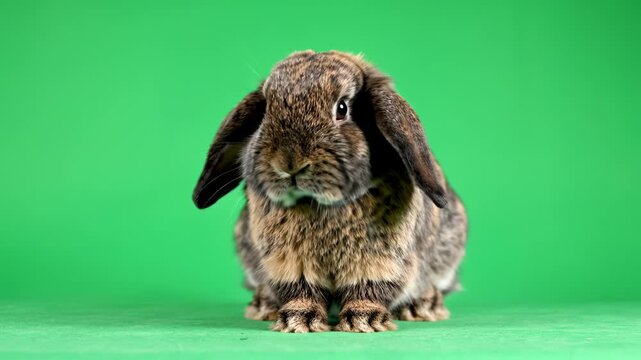 Brown rabbit with floppy ears on green background for commercial backgrounds, digital design, and advertising