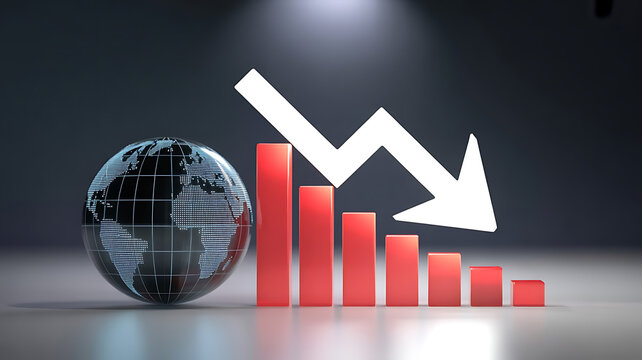 A digital globe and red bar graph with a downward trend arrow