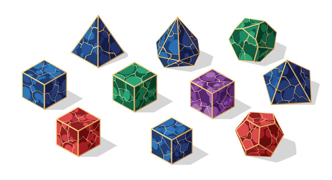 A collection of multifaceted geometric crystals with intricate cracked textures and elegant gold outlines displayed in a clean isometric perspective layout.