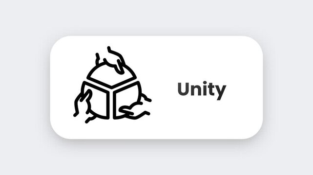 A black and white Unity game engine logo icon featuring a geometric cube shape outline on a clean white rounded rectangle badge