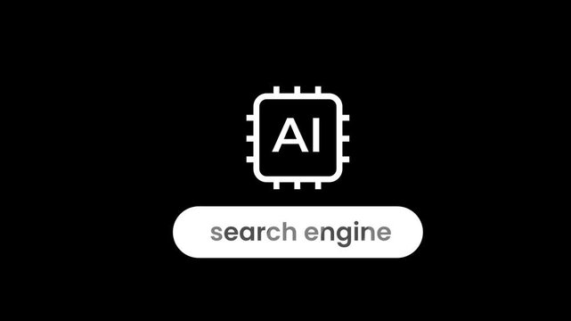 A dark themed AI search engine icon featuring bold white text letters and a square bracket symbol on a black rounded rectangle badge