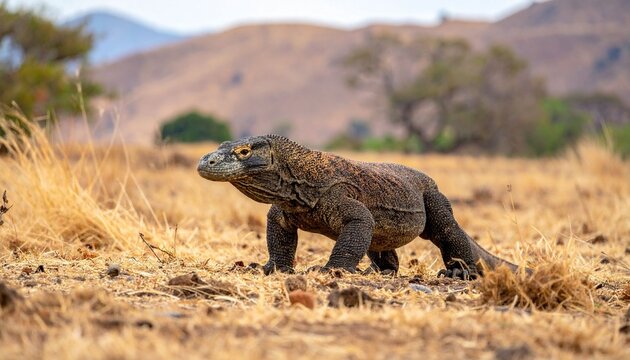 Komodo dragon on arid landscape