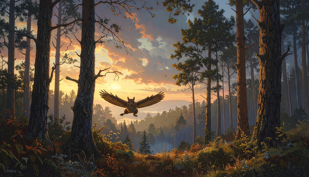 Owl flying through forest at sunset