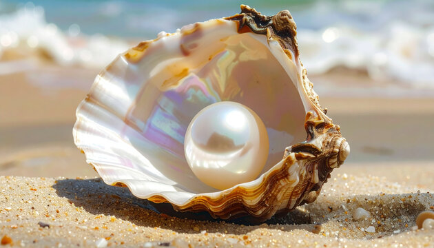Pearl in seashell on sandy beach