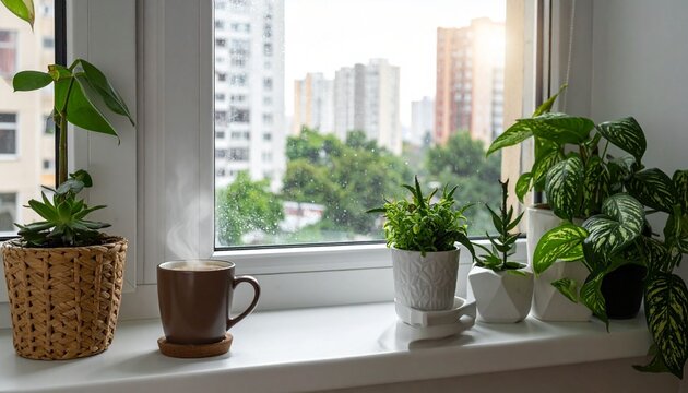 Plants and coffee cup by window
