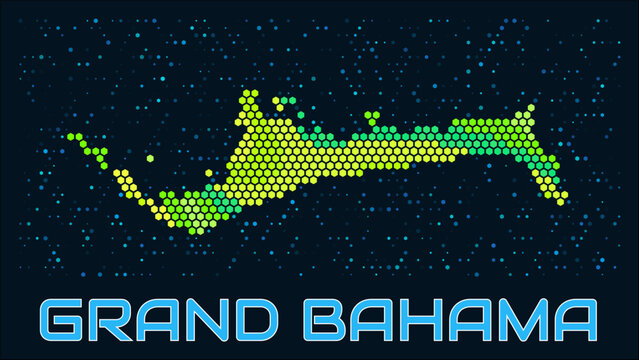 Grand Bahama hexagon dots map. Bahamas. Digital style shape of the island. Grand Bahama map and title. Tiny green colored hexagons, sparse blue dots at background. Vector Illustration.