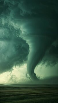 A dark funnel cloud tornado forms over a vast, empty field under a stormy sky with ominous greenish-gray clouds.