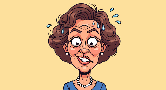 A cartoon illustration of an older woman looking stressed and anxious with sweat on her forehead.