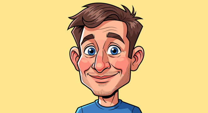 A friendly cartoon illustration of a smiling man with brown hair and blue eyes, wearing a blue shirt against a yellow background.