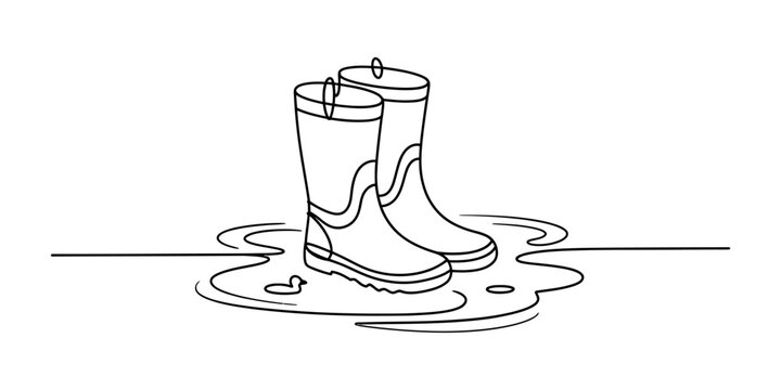 A simple black and white line drawing of a pair of rubber boots standing in a shallow water puddle Vector, illustration