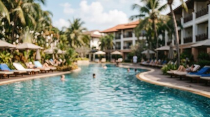 Obraz premium Several people relax by a large, curved swimming pool.