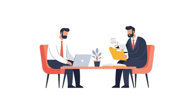 Two professional businessmen are seated at a table, with one using a laptop and the other reviewing papers from a yellow file folder.