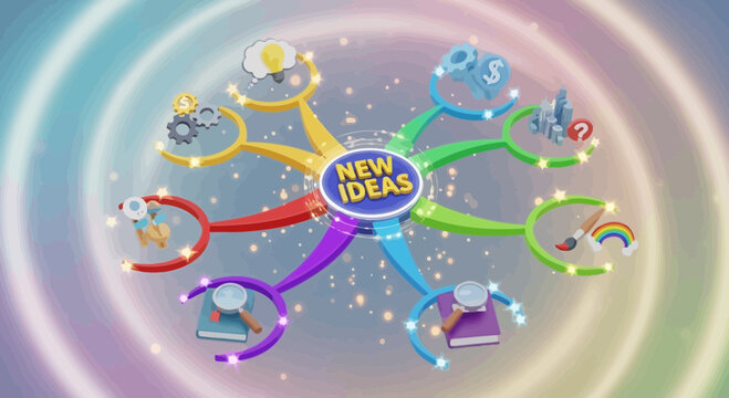 Colorful mind map visualizing new ideas and concepts against swirling background