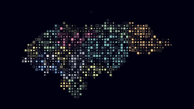 Honduras map animation. Shape of the country with pulsating colored dots. Small size square blocks. Digital style Honduras map on dark background. Creative video.