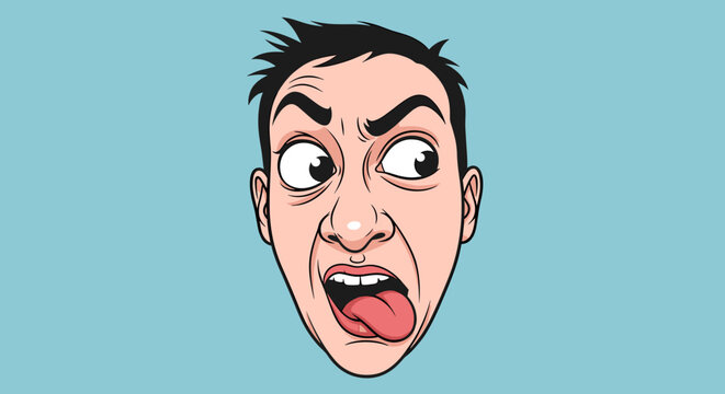 A cartoon illustration of a man's face contorted in a disgusted or nauseated expression, with wide eyes and a protruding tongue.