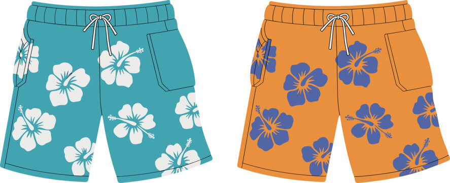 Hawaiian beach shorts set, floral summer clothing vector illustration for vacation fashion design