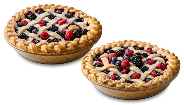 Two homemade berry pies with lattice crusts and mixed berries on a white background perfect for baking and dessert concepts