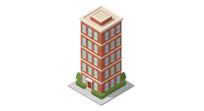 Tall, slender isometric brick tower building featuring a light-colored roof cornice and manicured green hedges at the base for architectural projects.