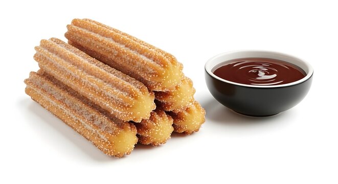 Delicious sweet churros stacked beside chocolate dipping sauce on white
