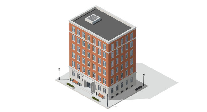 Detailed isometric view of a multi-story brick building with a flat roof, featuring a central entrance, street lamps, and small shrubs for city models.