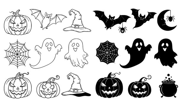 Spooky Halloween character and object icon set including pumpkin bat witch hat spider web ghost and cauldron in outline and solid black vector graphic styles