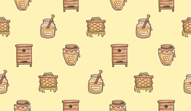 Honey hand drawn pattern. Honey farm background doodle. Outline sketch of beehive illustration seamless pattern for packaging containing honeycomb, jar, dipper.