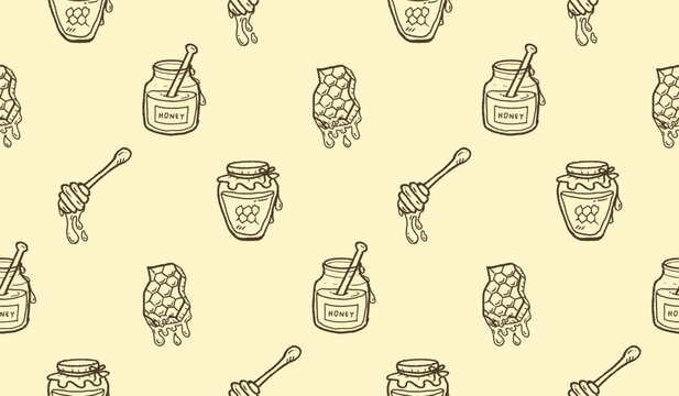 Honey hand drawn pattern. Honey farm background doodle. Outline sketch of beehive illustration seamless pattern for packaging containing honeycomb, jar, dipper.