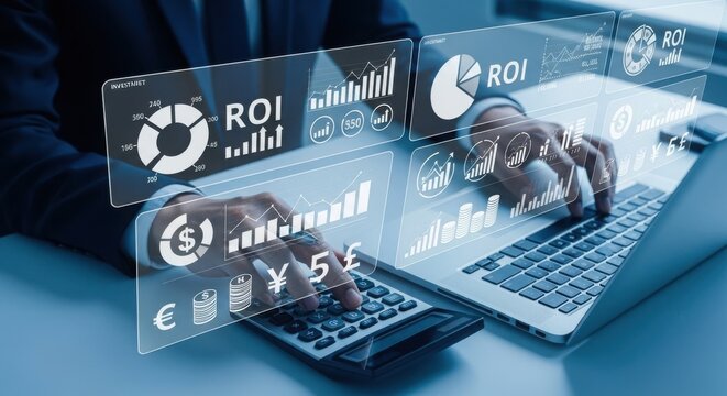 A businessman analyzing financial data on a laptop with ROI graphics