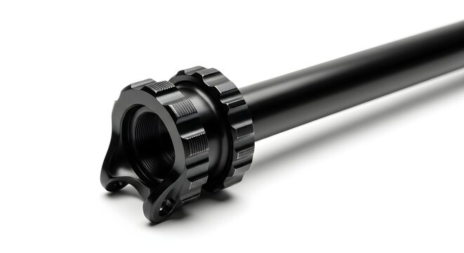 A close-up view of a black metal threaded tube with a gear-like component on a white background.