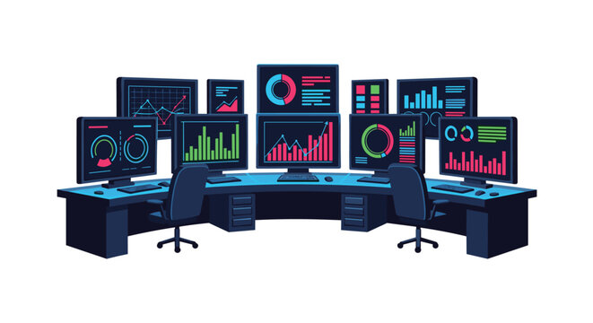 Professional data monitoring command center displays intricate analytical charts and vibrant digital graphs within a sleek dark office technology environment.