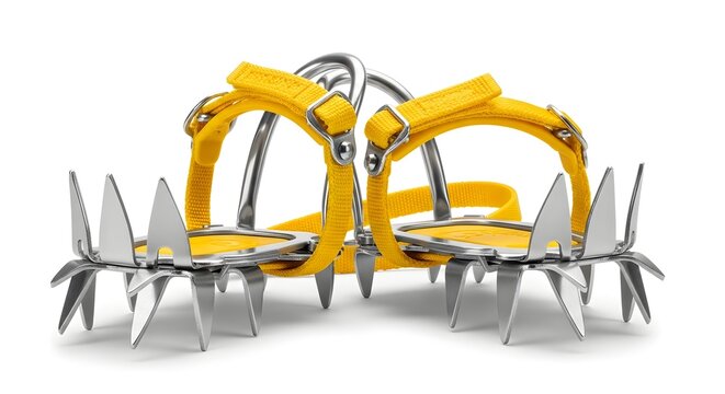 Close-up photo of two yellow metal crampons with sharp spikes on a white surface