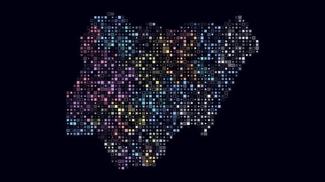 Nigeria map animation. Shape of the country with pulsating colored dots. Small size square blocks. Digital style Nigeria map on dark background. Abstract video.