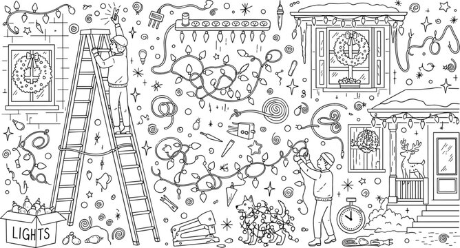 Holiday Lights Decorating Scene with Christmas Lights, Ladders, and Winter Cheer for Festive Home Decor