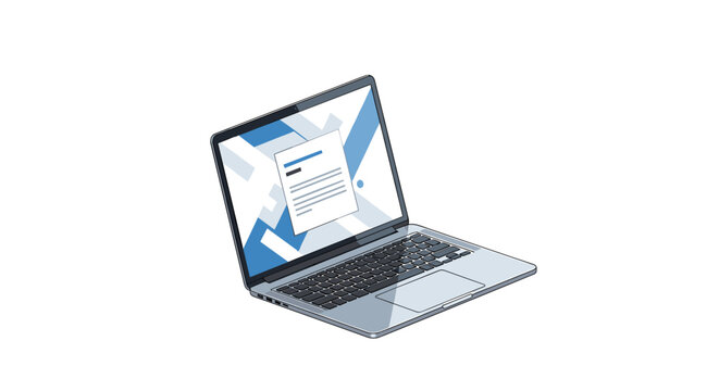 Modern laptop computer floats in an isometric view while displaying a professional document with blue and white abstract graphical interface elements.