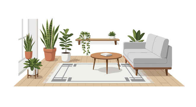 Bright interior living space showcases a sleek grey sofa with a circular wooden coffee table surrounded by an abundance of lush green potted plants.