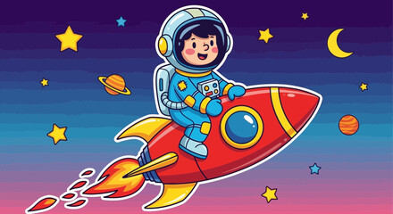 Naklejka premium Astronaut in space cartoon illustration of a child on a rocketship