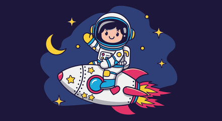 Fototapeta premium Astronaut in space rocket illustration against dark night sky