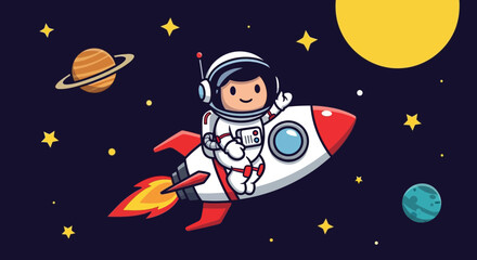 Fototapeta premium Astronaut in space rocket ride through stars and planets cartoon illustration