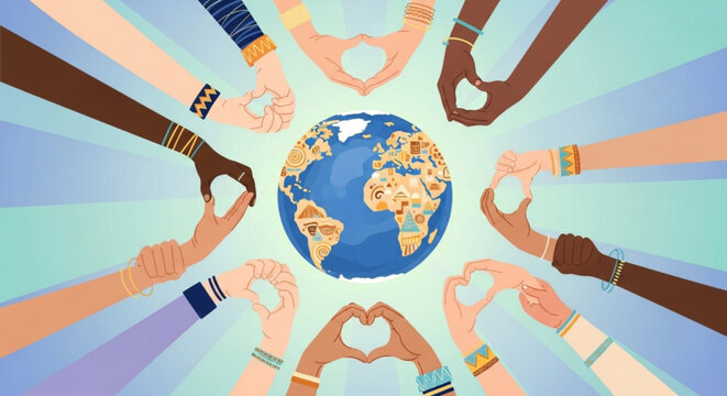 Diverse hands forming hearts around the earth symbolizing global unity and love