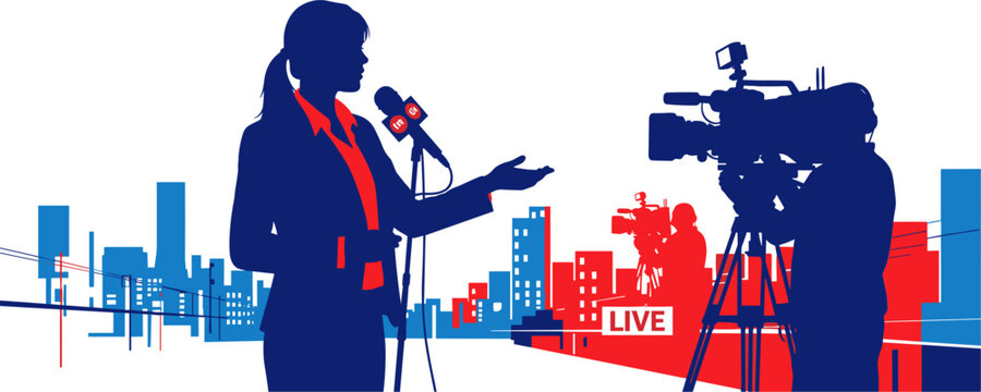 Live Broadcast Icon, Featuring Reporter and Camera Crew in Bold Red and Blue Colors