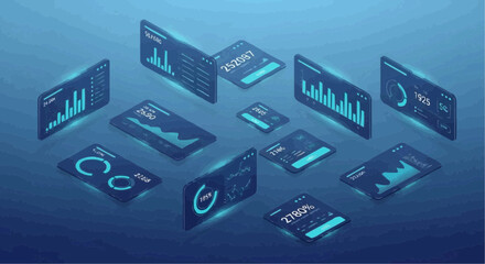 Naklejka premium Collection of digital graphs and charts on screens.
