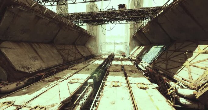 vertical shaft leading toward bright exit intense backlight, tall metal walls, maintenance catwalks, cable runs, moody contrast, sense of ascent