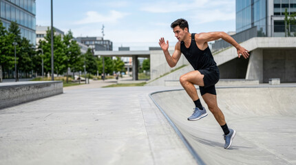 Obraz premium Young man sprinting across graffiti free skate ramp in minimal urban setting