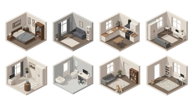 Isometric interior room vignettes displaying various living environments with soft lighting and muted color palettes for modern architectural concepts.