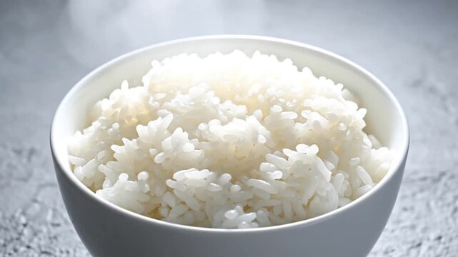 Steaming bowl of freshly cooked white rice on stone surface