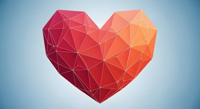 Low poly heart shape with geometric triangular facets in shades of red and orange against a soft gradient blue background