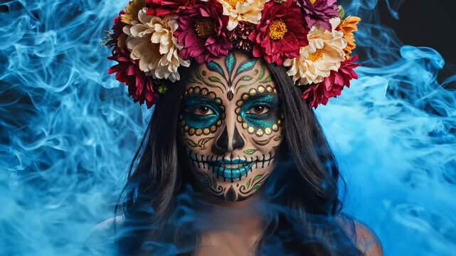 Woman with sugar skull makeup and floral crown for commercial backgrounds, digital design, and advertising