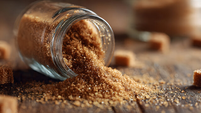 Small glass jar of brown sugar spilling onto wooden surface, macro shot emphasizing texture, granules, and warm lighting.